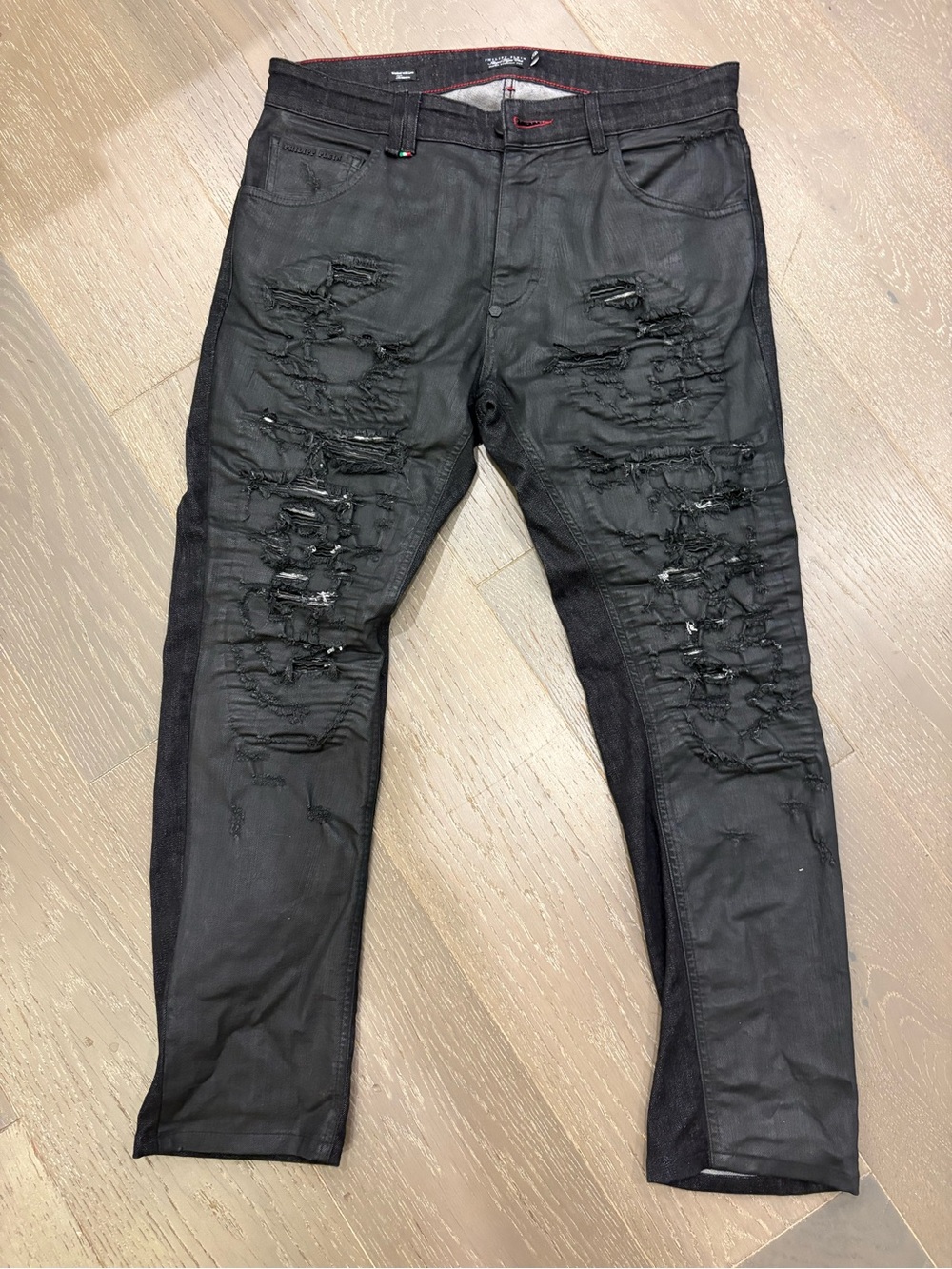 Philipp Plein Distressed Waxed "Wet Black" Biker Jeans.